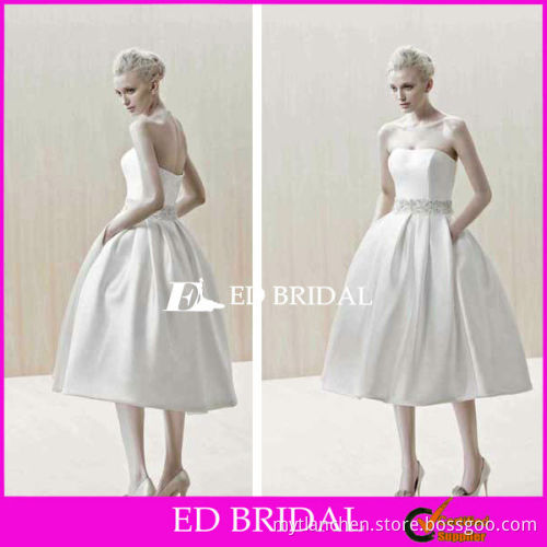 Ball Gown Strapless Slight Curve Satin Crystal Belt Pleated Side Slash Pockets Tea Length White Wedding Dress